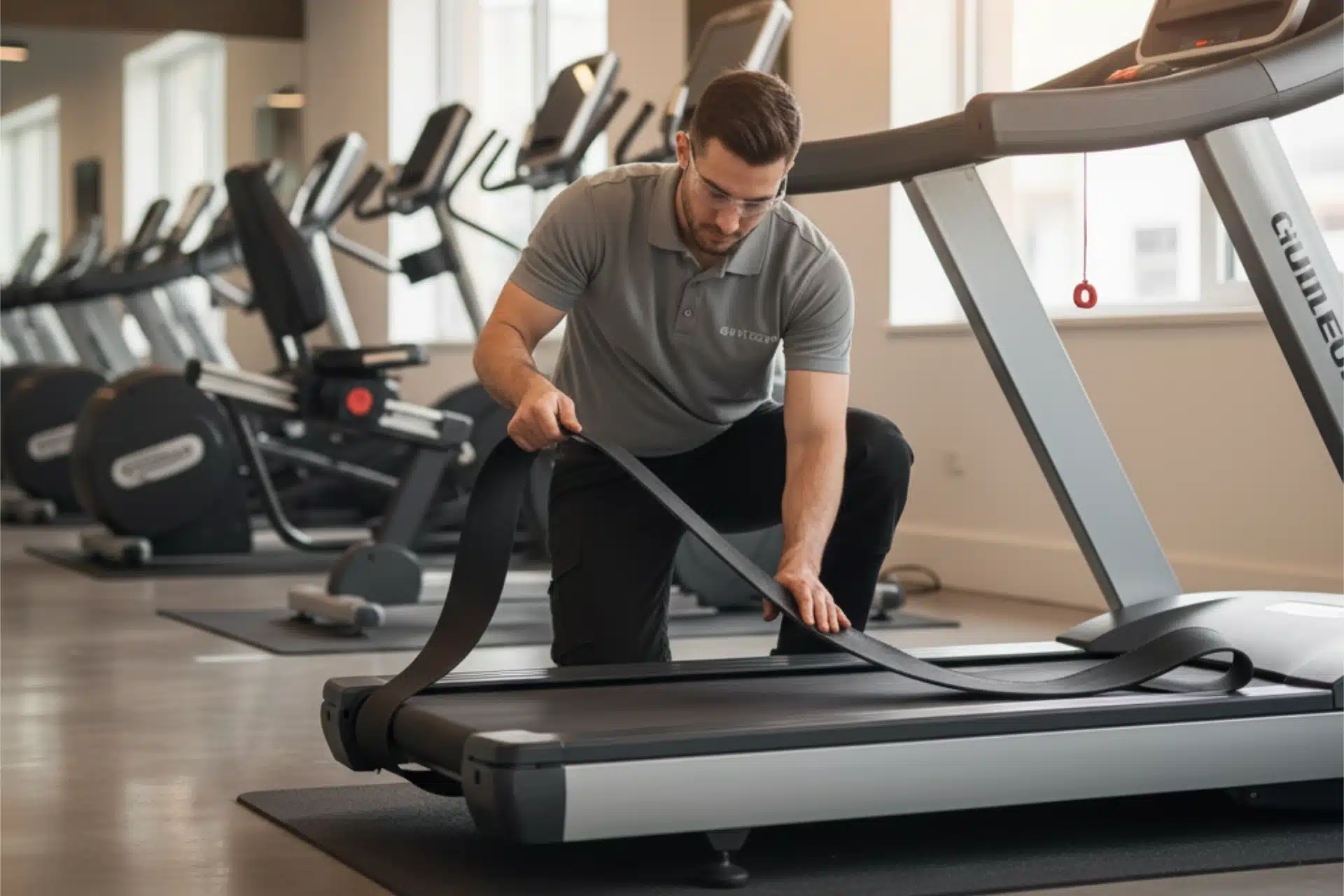 treadmill belt repair Technician replacing a treadmill belt in a gym.
